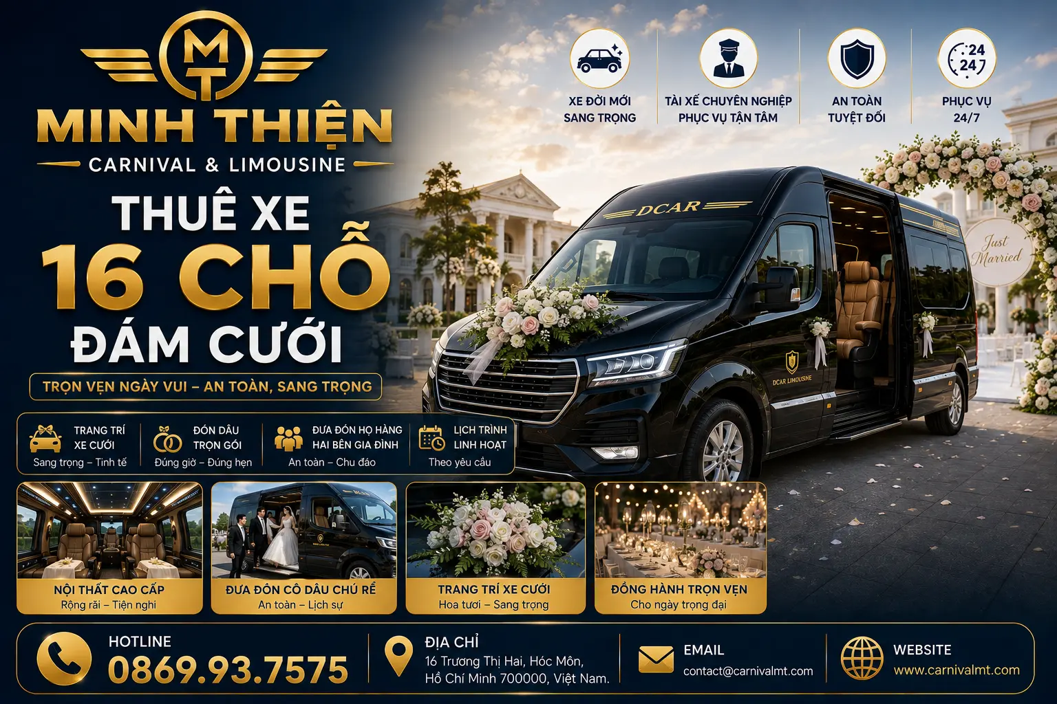 THUÊ XE 16 CHỖ LIMUOSINE ĐÁM CƯỚI NHÀ XE MINH THIỆN