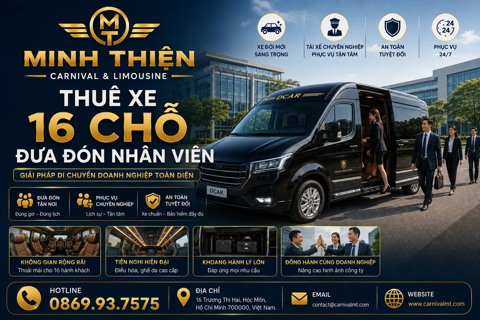 THUÊ XE 16 CHỖ LIMUOSINE ĐƯA ĐÓN NHÂN VIÊN NHÀ XE MINH THIỆN